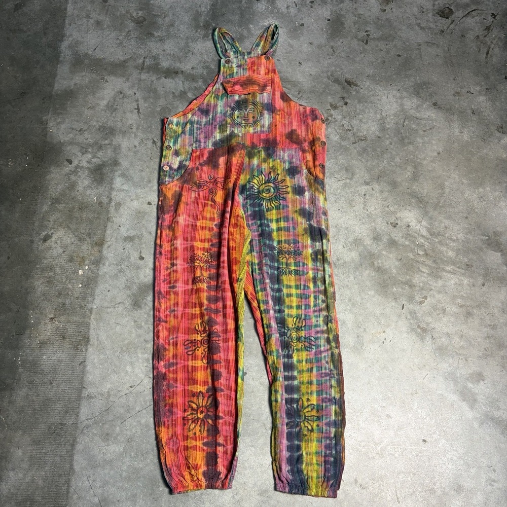Rising International Tie Dye Celestial Overalls Small Cotton Boho Hippie Nepal S